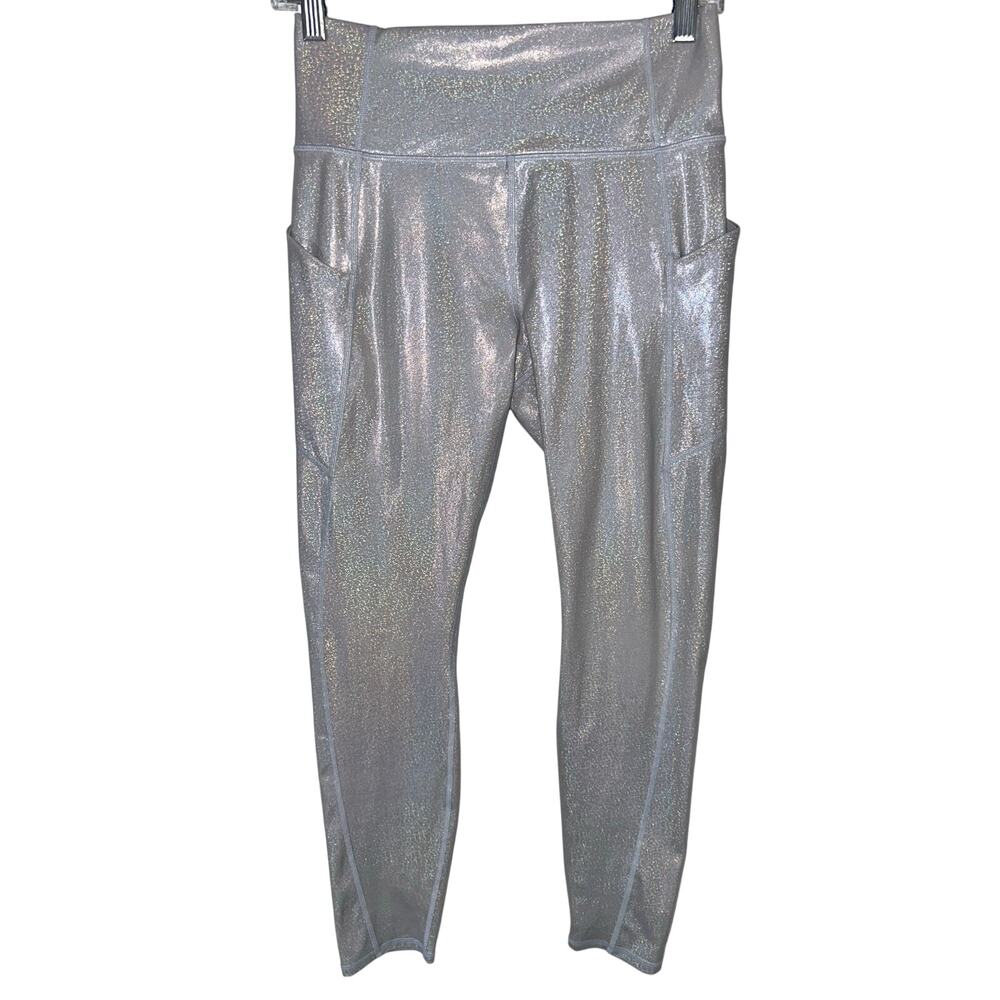 Fabletics Oasis Glitter Silver Holographic High Waisted Ankle Legging Size M